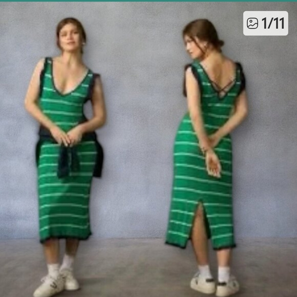 Anthropologie Daily Practice Rosie Long Green Striped Midi Dress NWT Medium